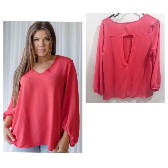 Coral color cutout back chiffon blouse size large - Picture 1 of 3